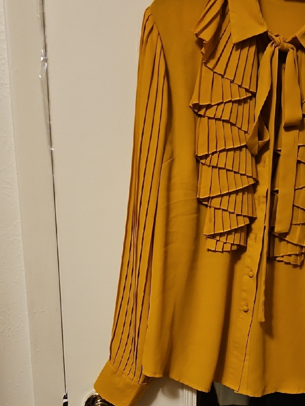 New York & Company Mustard Pleated Ruffle Tie-Neck Blouse, NWT - Picture 5 of 6